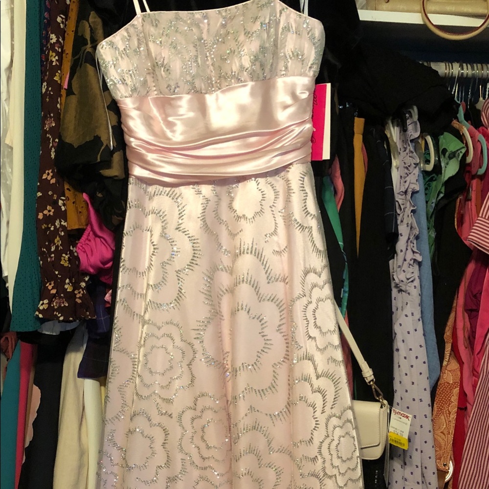 Morgan & Co. Light Pink Sparkle Floral Satin Waist Party Dress